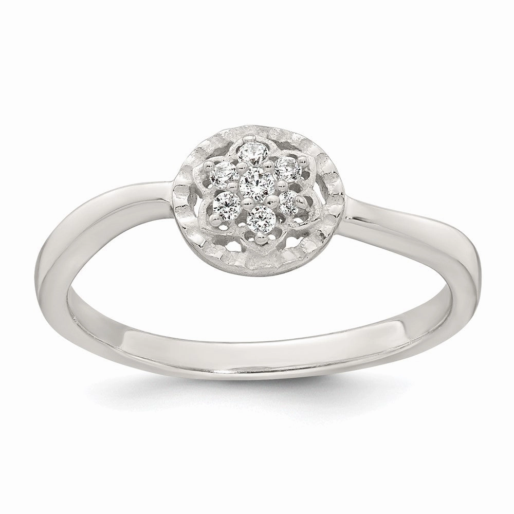 Sterling Silver Polished and Grooved White CZ Flower with Wavy Shank Size 6 Ring