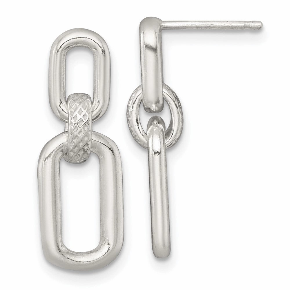 Sterling Silver Polished and Textured Fancy Rectangular Link Dangle Post Earrings
