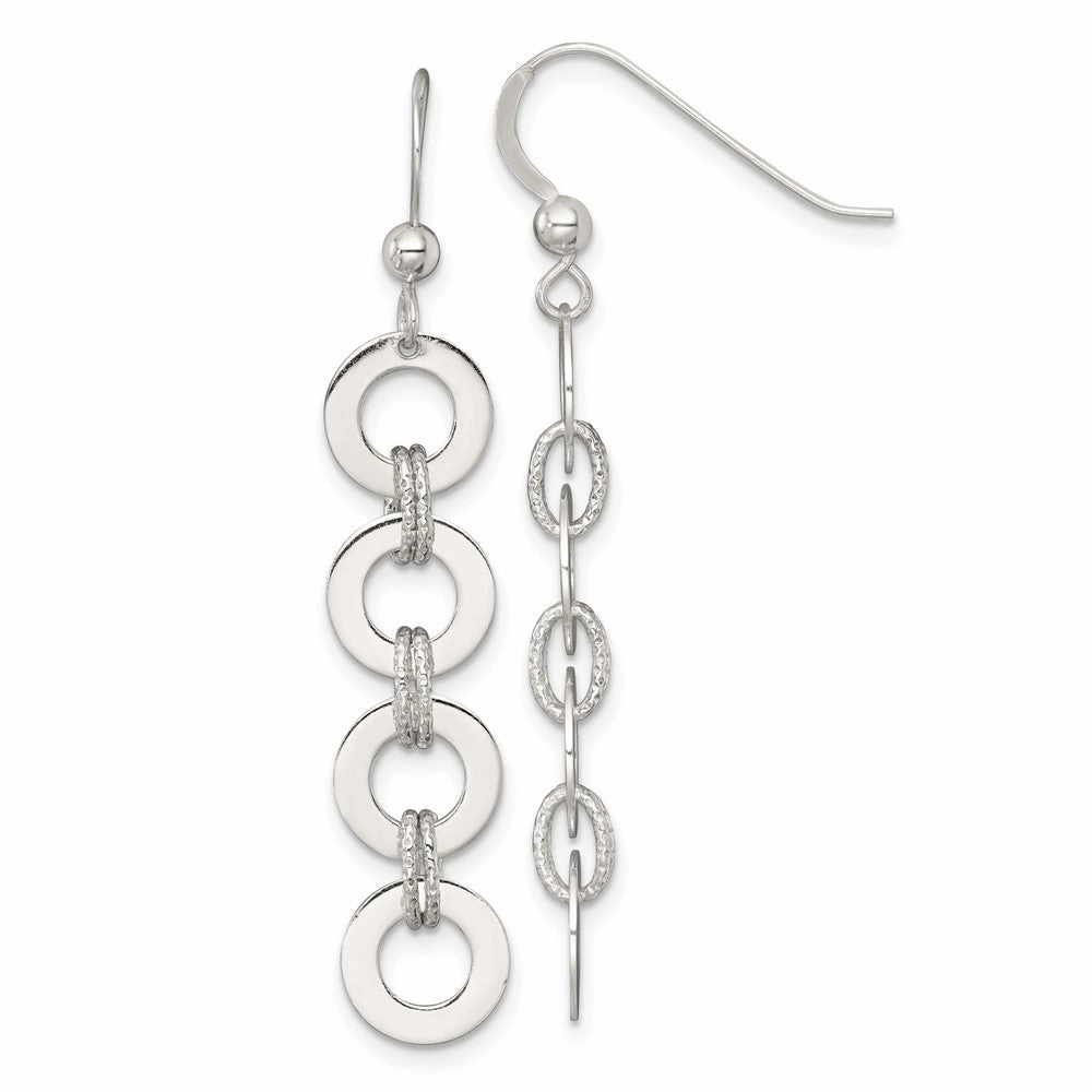 Sterling Silver Polished and Textured Four Circles Dangle Shepherd Hook Earrings