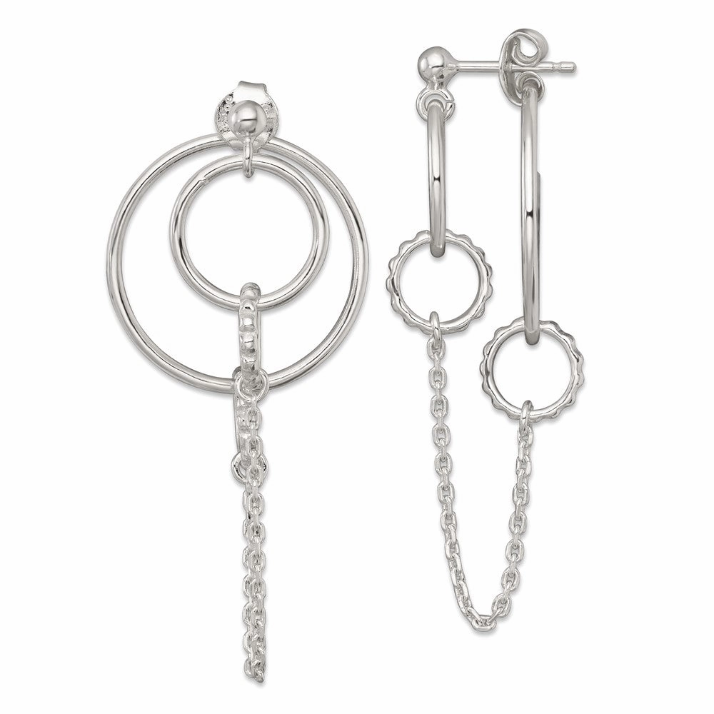 Sterling Silver Polished and Textured Multi Circle and Chain Dangle Post Earrings
