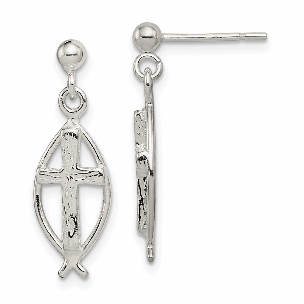 Sterling Silver Polished Antiqued & Textured Ichthus & Cross Post Dangle Earrings