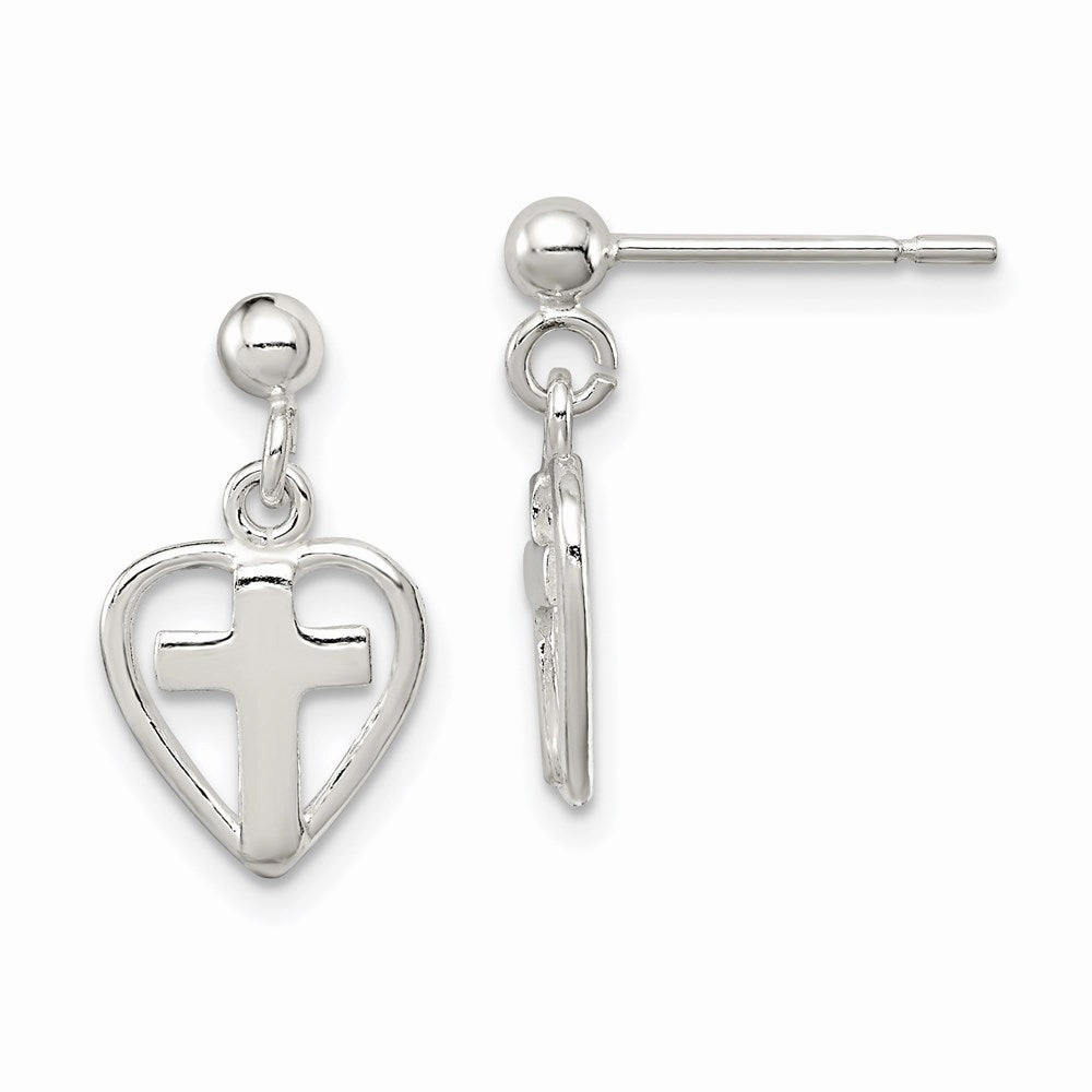 Sterling Silver Polished Cross in Heart Post Dangle Earrings