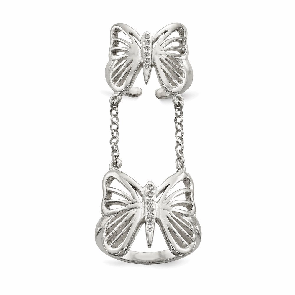 Sterling Silver Polished CZ Butterfly Double Finger Ring