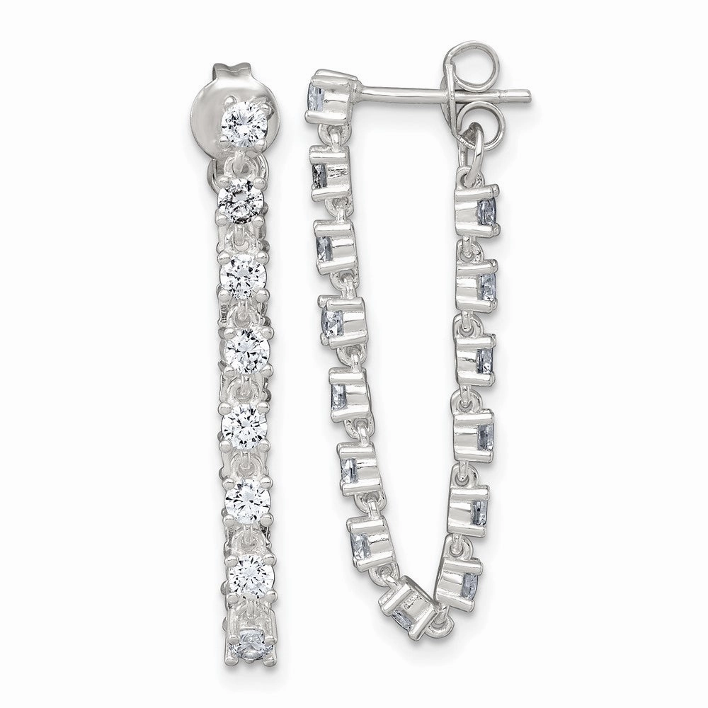 Sterling Silver Polished CZ Line Front and Back Post Dangle Earrings