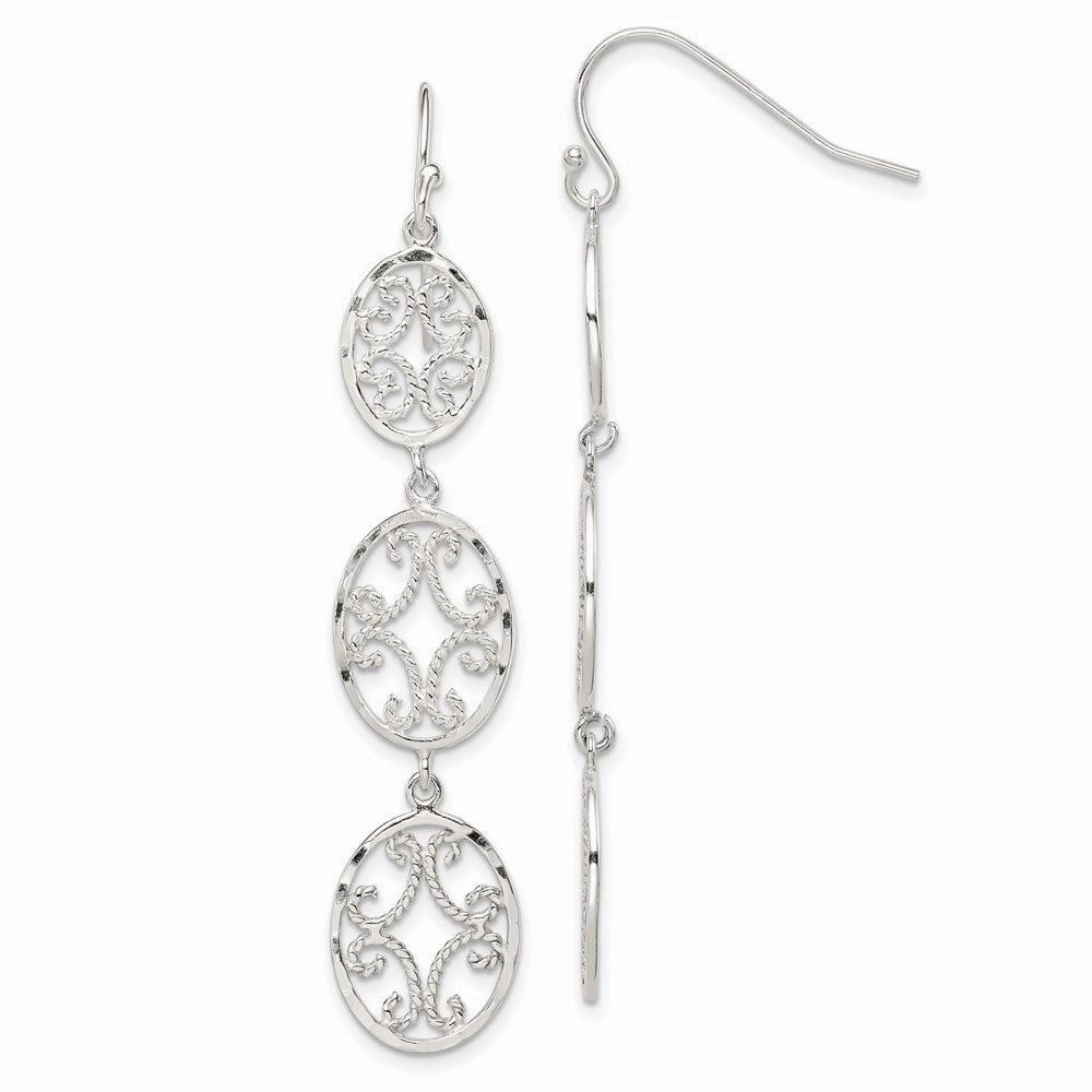 Sterling Silver Polished Diamond-cut Filigree Triple Oval Dangle Earrings
