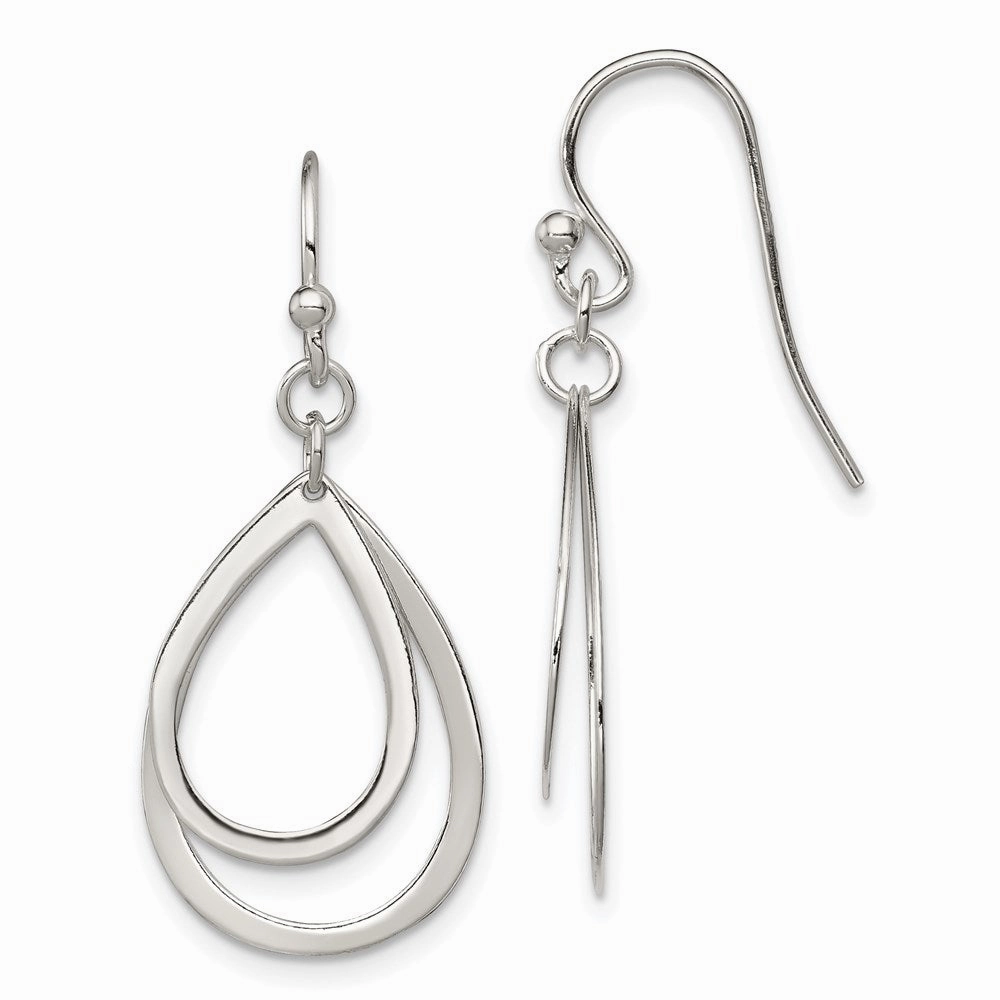 Sterling Silver Polished Double Teardrop Dangle Shepherd Hook Earrings