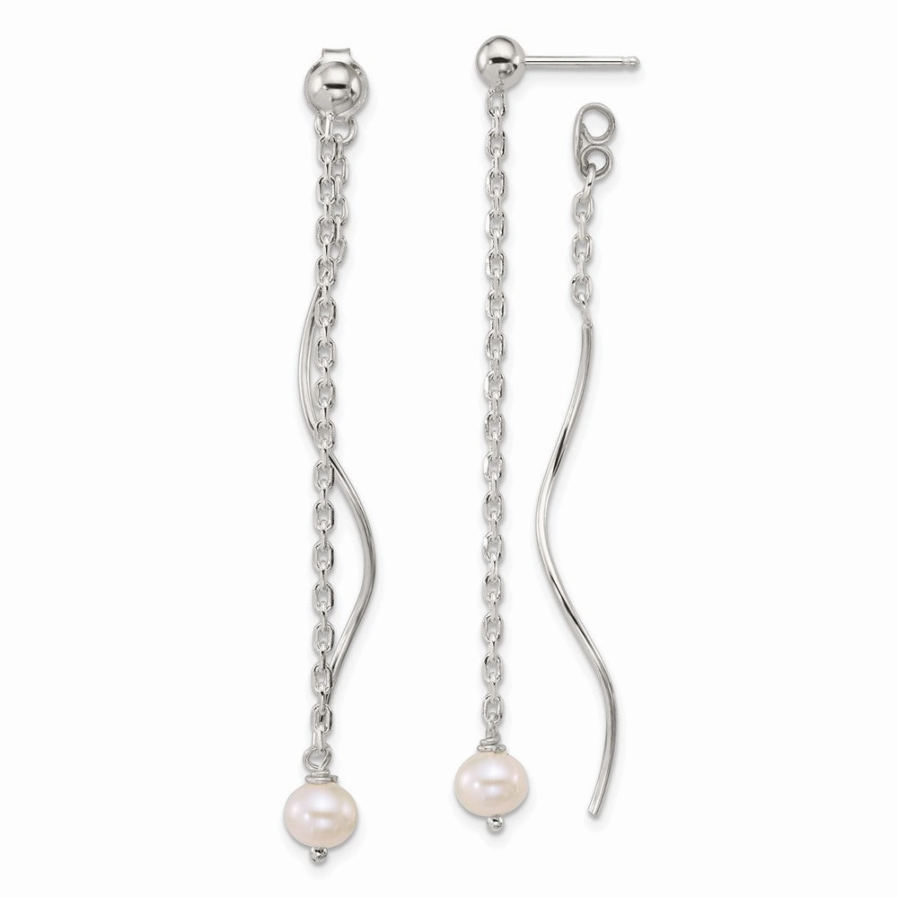 Sterling Silver Polished Fancy Freshwater Cultured Pearl on Chain and Twist Dangle Post Earrings