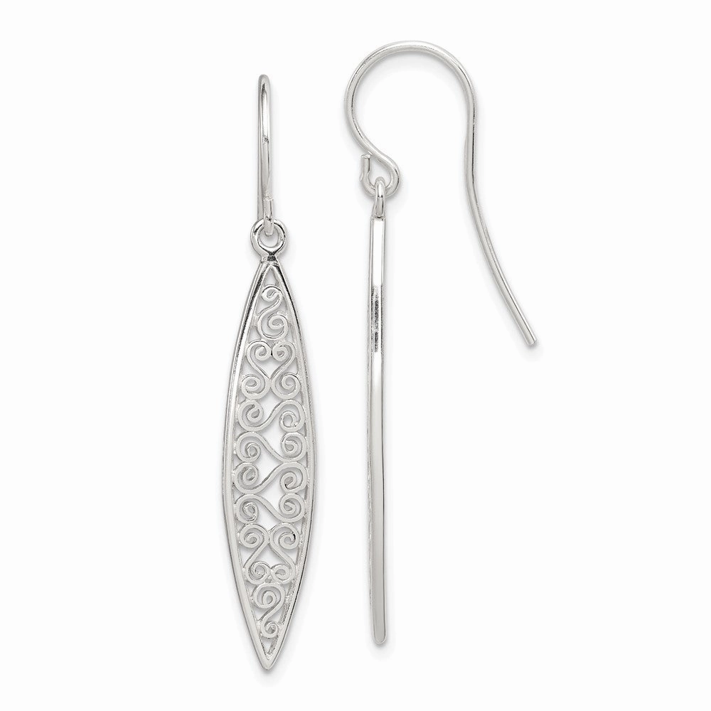 Sterling Silver Polished Filigree Marquise Shaped Dangle Earrings