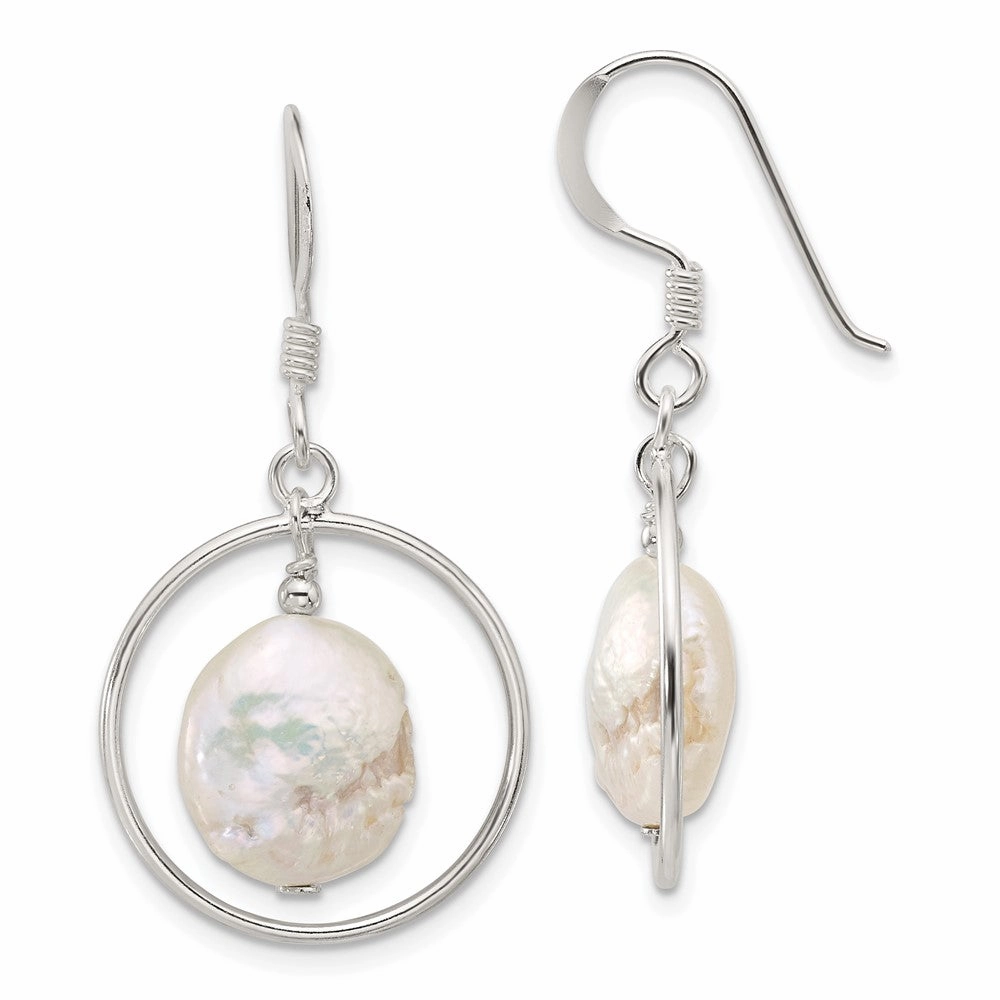 Sterling Silver Polished FWC Coin Pearl Circle Dangle Earrings