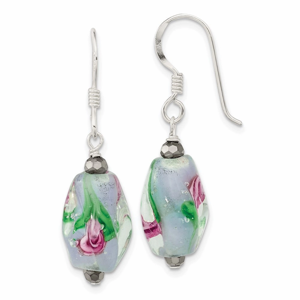Sterling Silver Polished Hematite & Abstract Glass Dangle Earrings