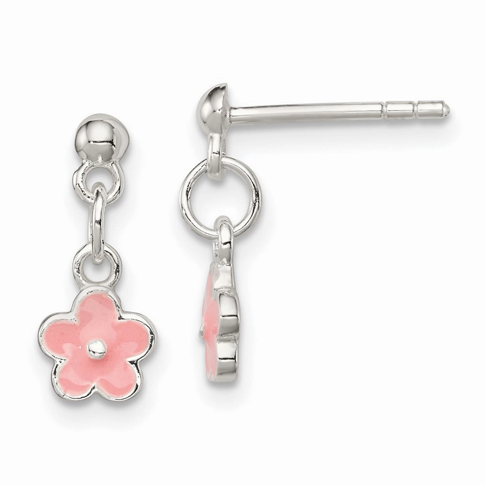 Sterling Silver Polished Pink Enameled Flower Children's Post Dangle Earrings