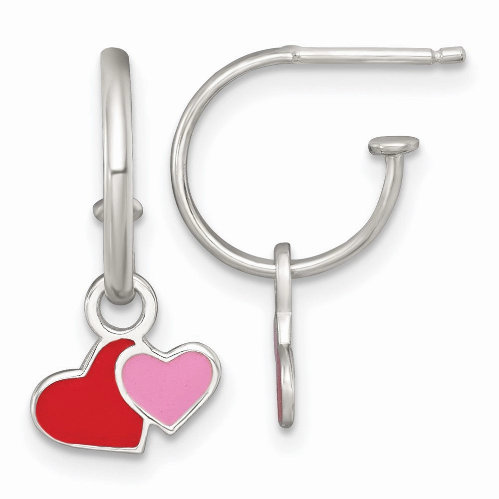 Sterling Silver Polished Red and Pink Enameled Hearts Dangle Childrens C-Hoop Post Earrings