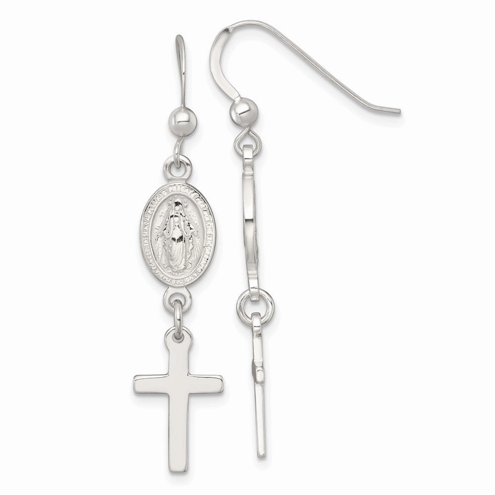 Sterling Silver Polished Spanish Miraculous Medal and Cross Dangle Shepherd Hook Earrings