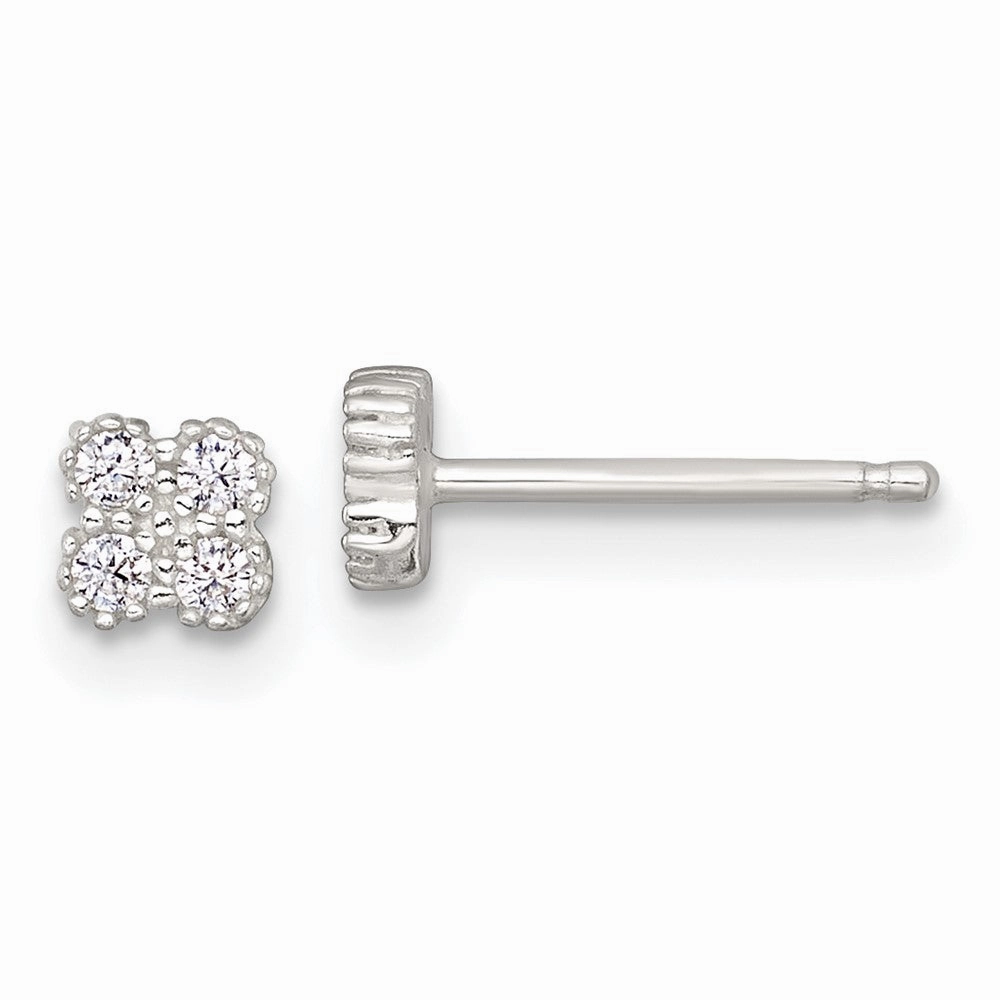 Sterling Silver Polished Textured White CZ 4.3mm Quatrefoil Post Earrings