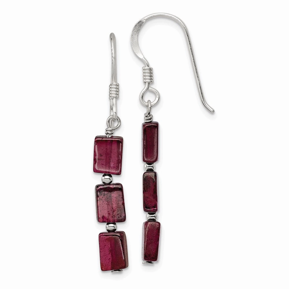 Sterling Silver Polished Triple Rectangle Garnet Dangle Earrings