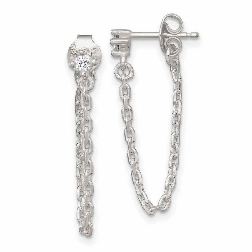 Sterling Silver Polished White CZ Dangling Chain Post Earrings