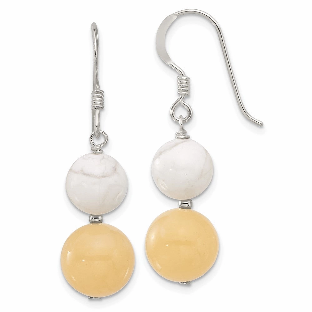 Sterling Silver Polished White Howlite and Yellow Jade Dangle Earrings