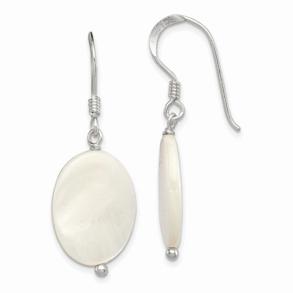 Sterling Silver Polished White Mother of Pearl Oval Dangle Earrings
