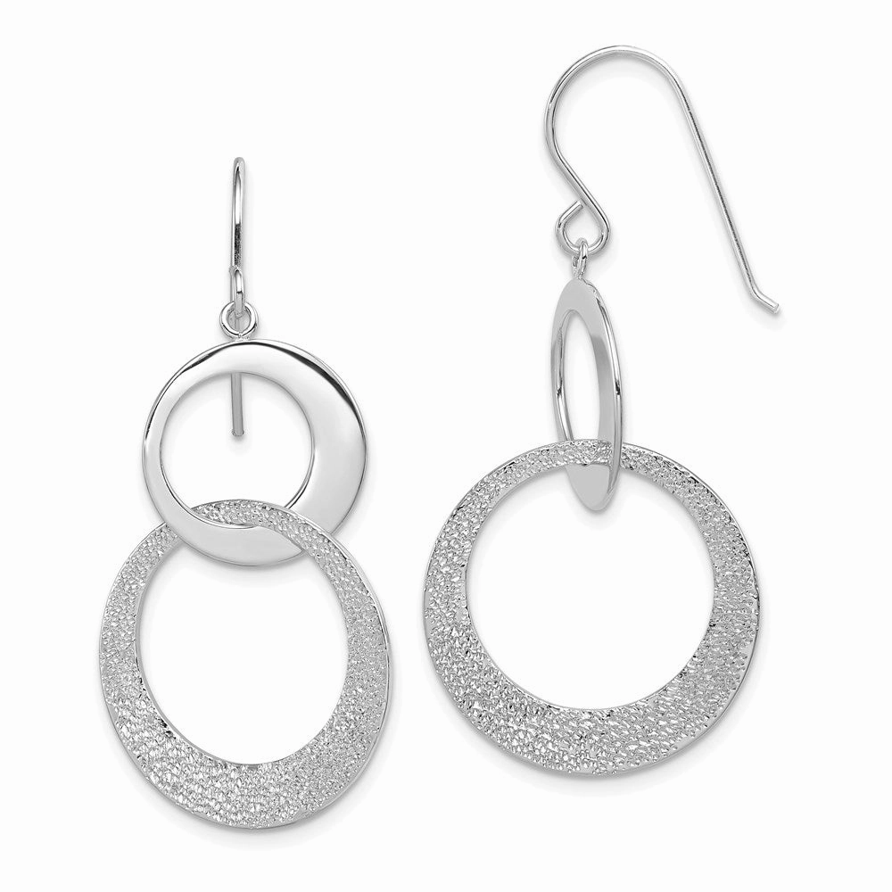 Sterling Silver RH-plated Polished & Textured Interlocking Circle Dangle Ea