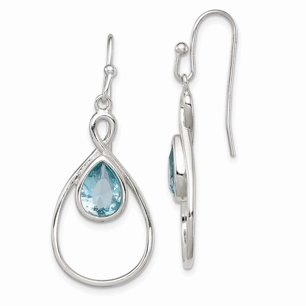 Sterling Silver RH-plated Polished Blue Glass Teardrop Dangle Earrings