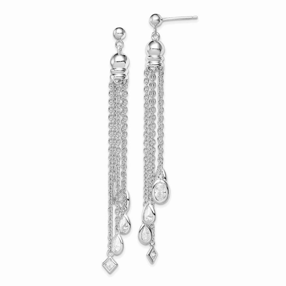 Sterling Silver RH-plated Polished CZ & Multi-Chain Post Dangle Earrings