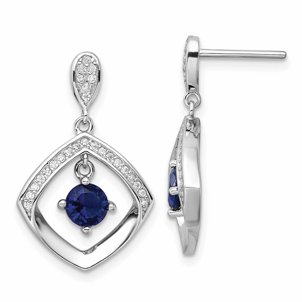 Sterling Silver RH-pltd Blue Glass and Clear CZ Fancy Square Post Earrings