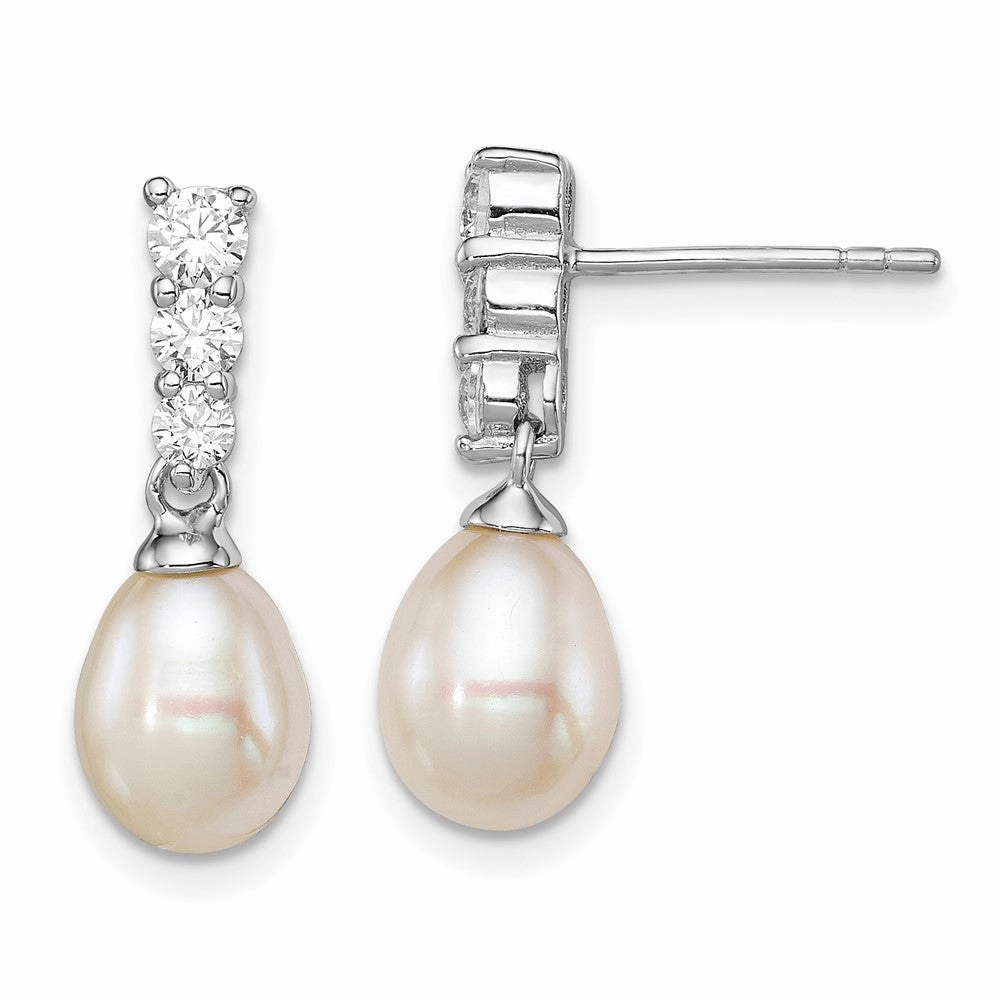 Sterling Silver Rhod-plated 7-8mm White Teardrop Freshwater Cultured Pearl and CZ Post Dangle Earrings