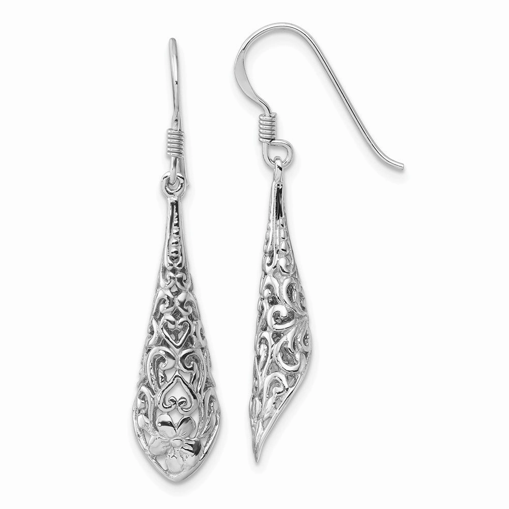 Sterling Silver Rhod-plated Polished Puffed Filigree Flower Earrings