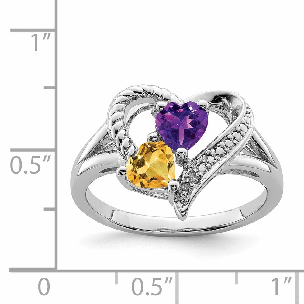 Sterling Silver Rhodium Amethyst & Citrine Diam. Ring
