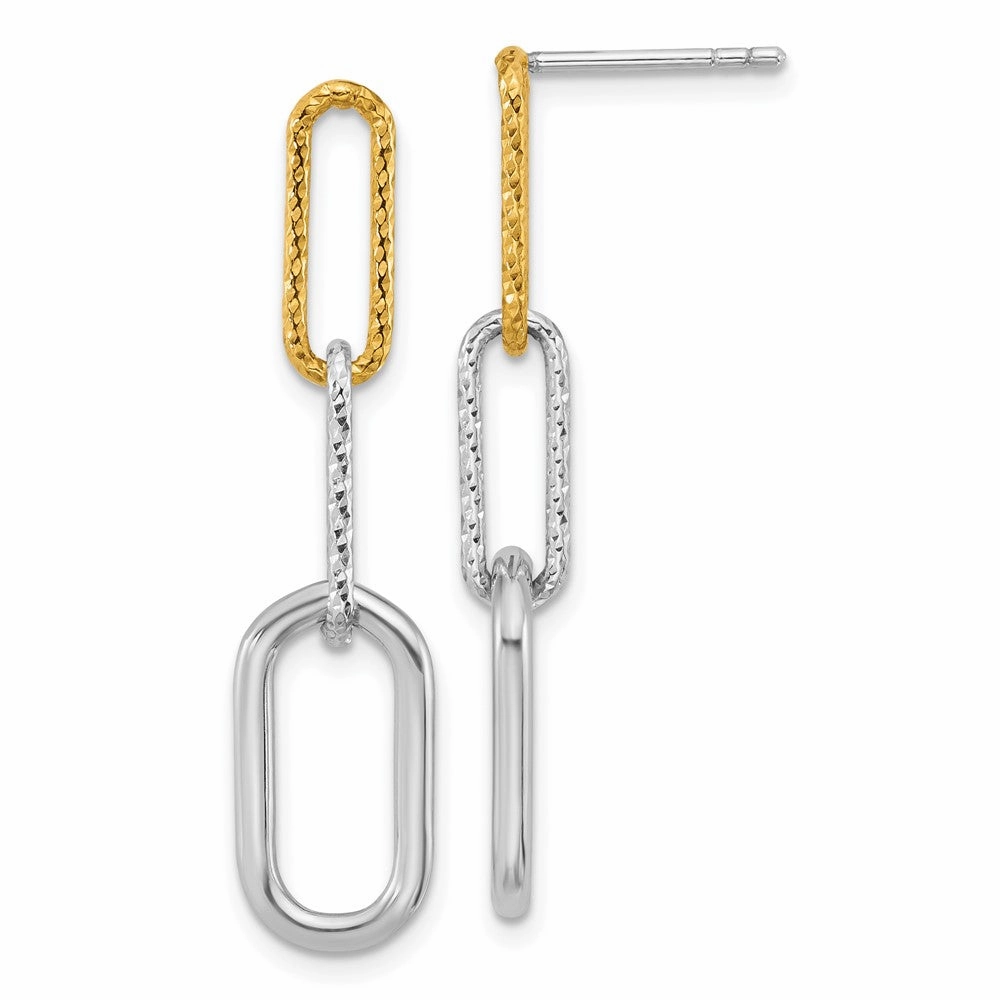 Sterling Silver Rhodium and Gold-plated Three Link Textured Dangle Post Earrings