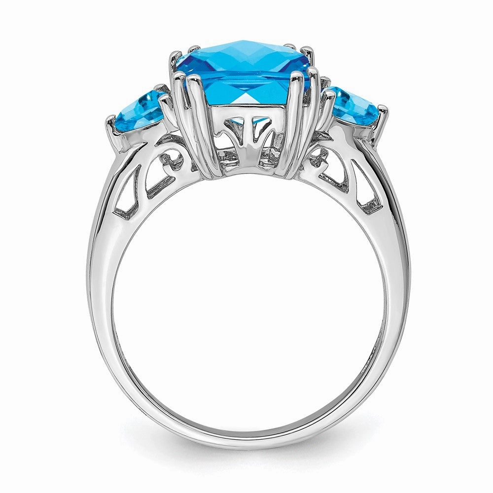 Sterling Silver Rhodium Checker-Cut Blue Topaz Ring