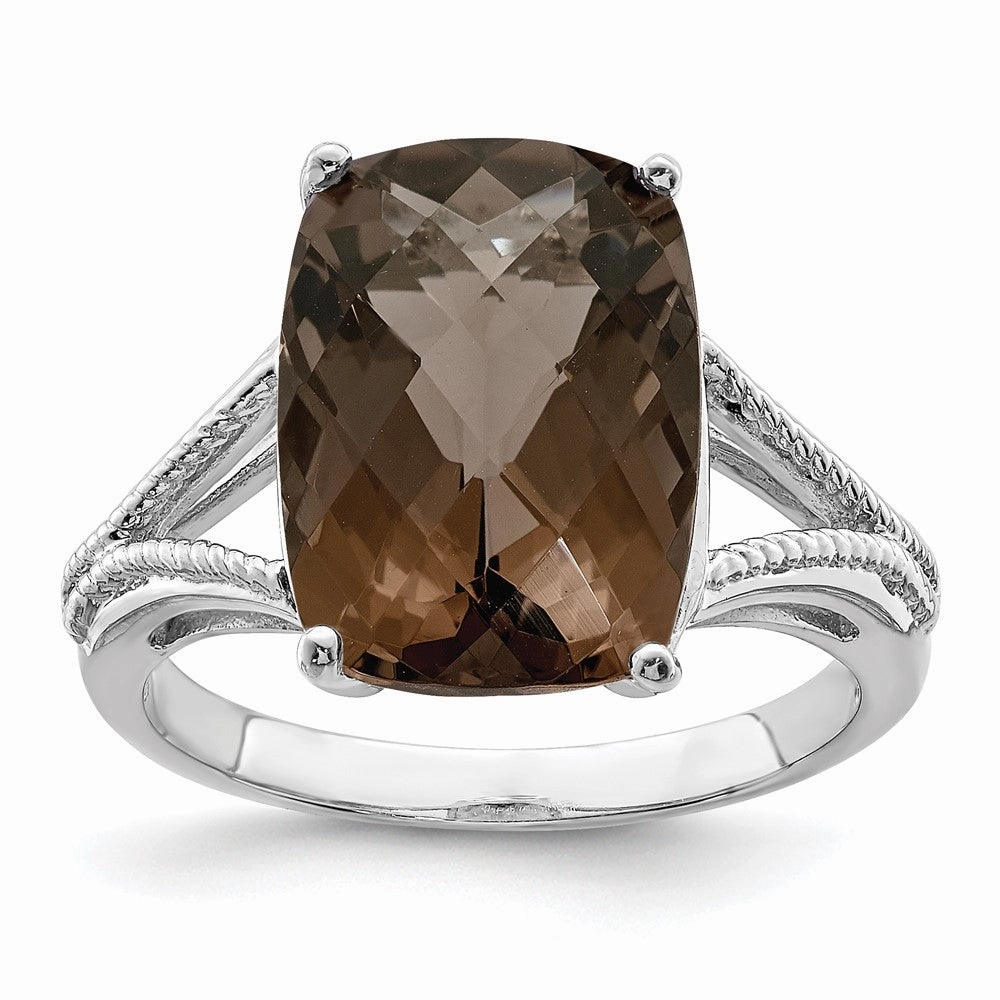 Sterling Silver Rhodium Checker-Cut Smoky Quartz Ring