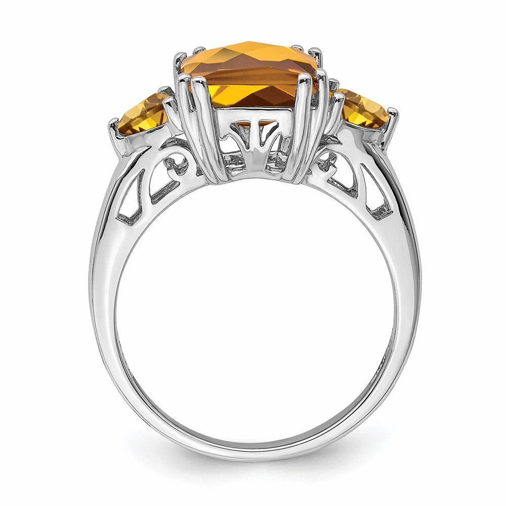 Sterling Silver Rhodium Checker-Cut Whiskey Quartz Ring