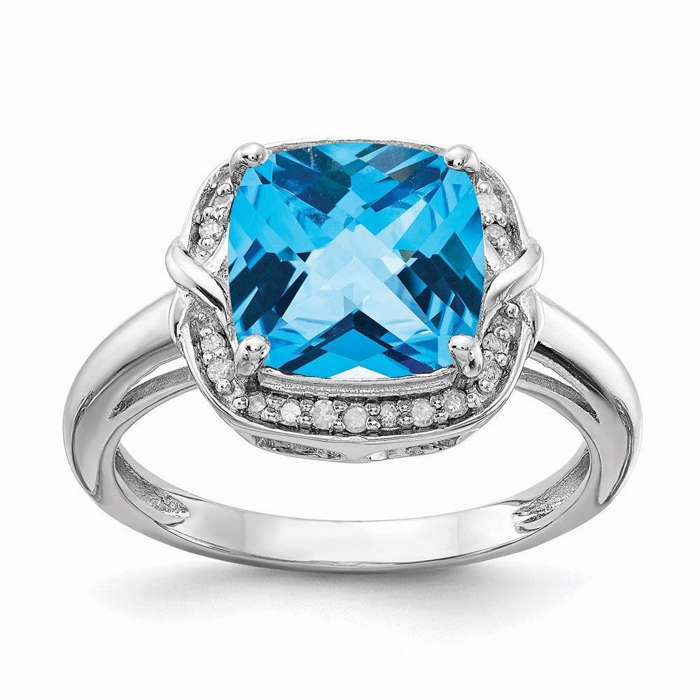 Sterling Silver Rhodium Diam. & Checker-Cut Blue Topaz Ring