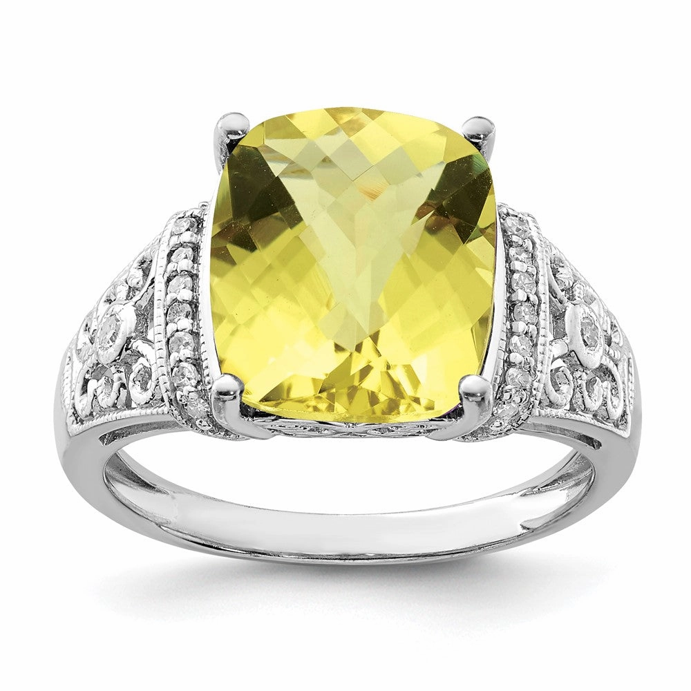 Sterling Silver Rhodium Diam. & Checker-Cut Lemon Quartz Ring