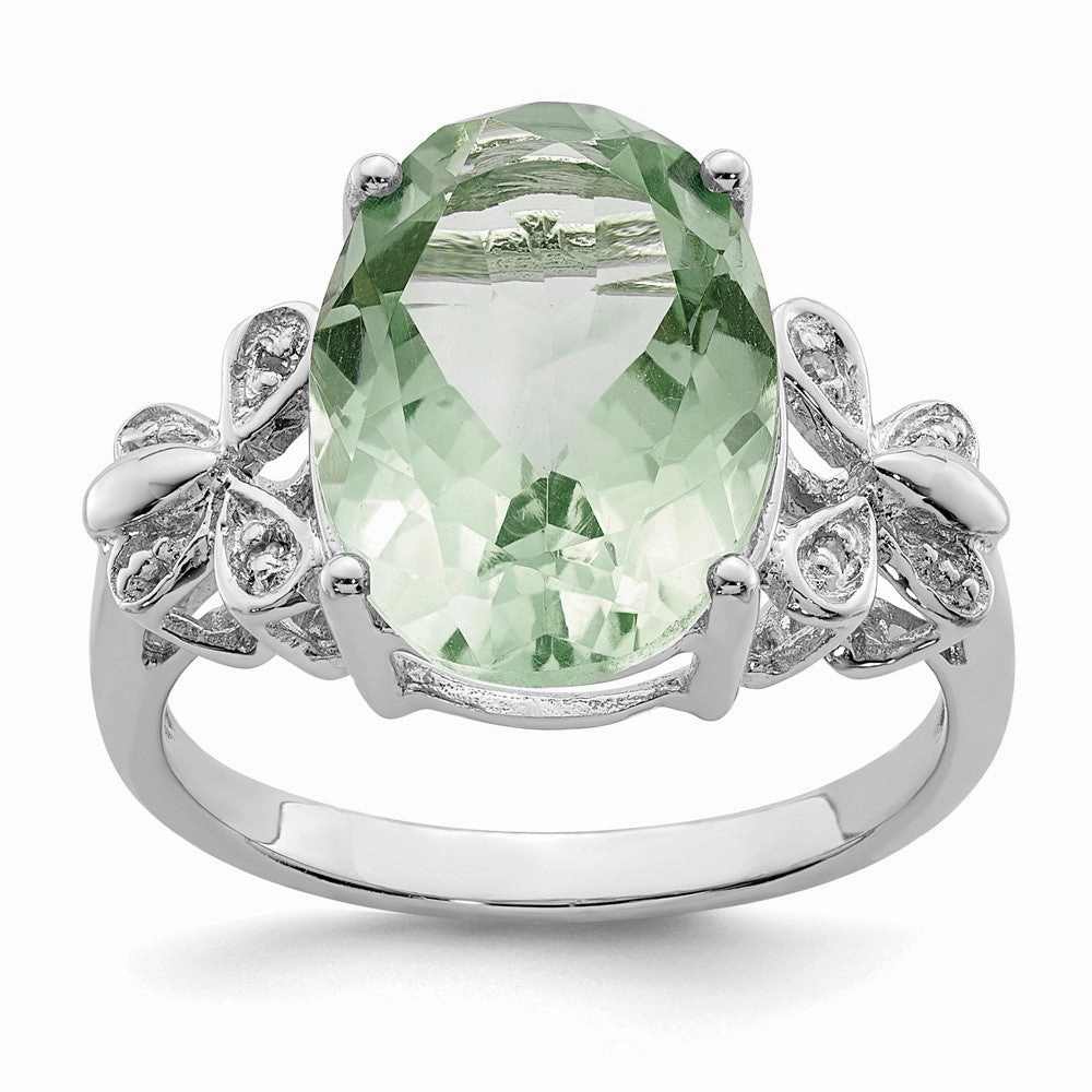 Sterling Silver Rhodium Green Quartz & Diamond Ring