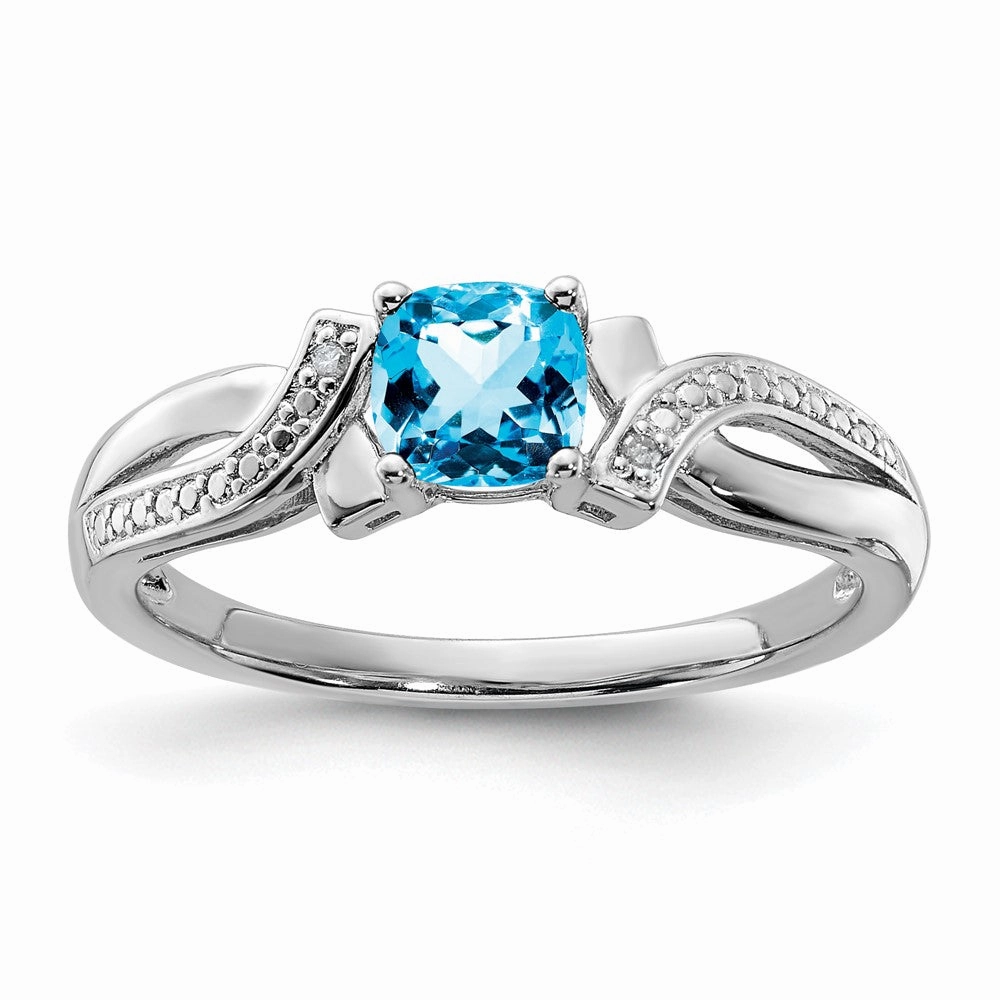 Sterling Silver Rhodium Light Swiss Blue Topaz & Diam. Ring