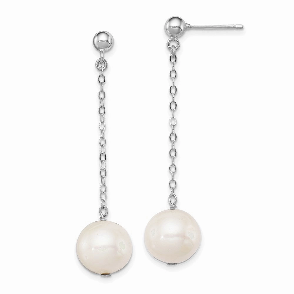 Sterling Silver Rhodium-plated 10-11mm White Round Freshwater Cultured Pearl Dangle Post Earrings