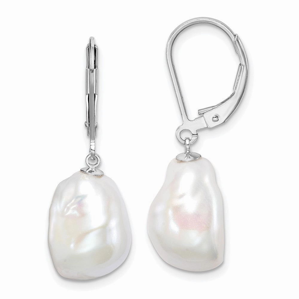 Sterling Silver Rhodium-plated 11-12mm White Keshi Freshwater Cultured Pearl Leverback Dangle Earrings