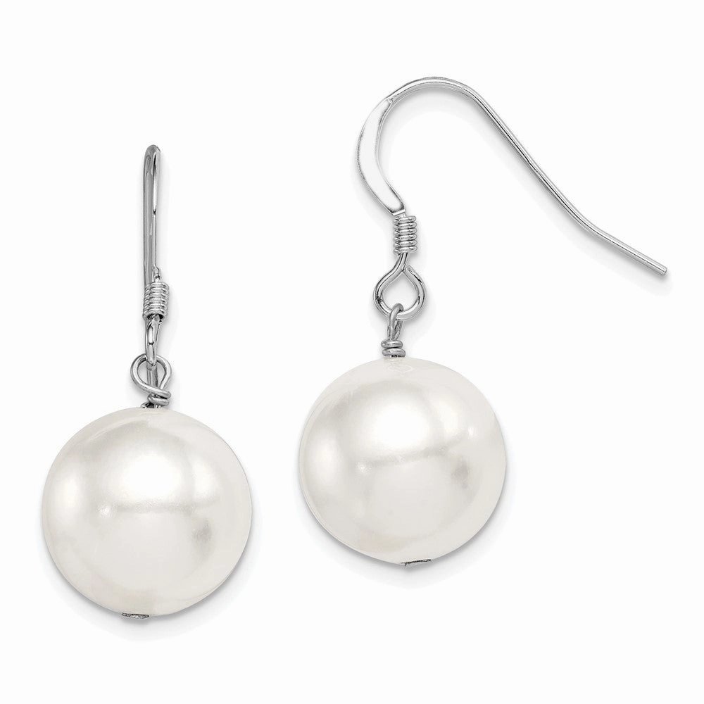 Sterling Silver Rhodium-plated 12-13mm White Round Shell Bead Dangle Earrings