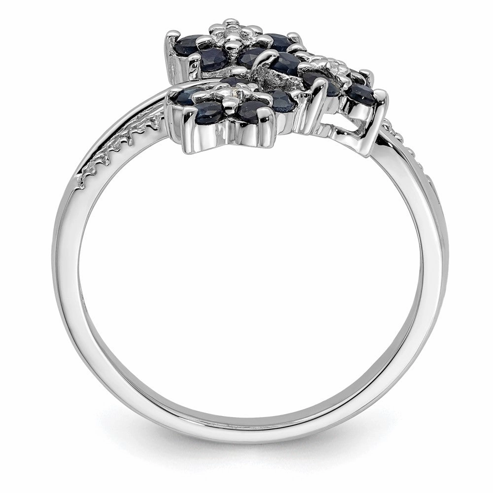 Sterling Silver Rhodium-plated 3 Flower Sapphire and Diamond Ring
