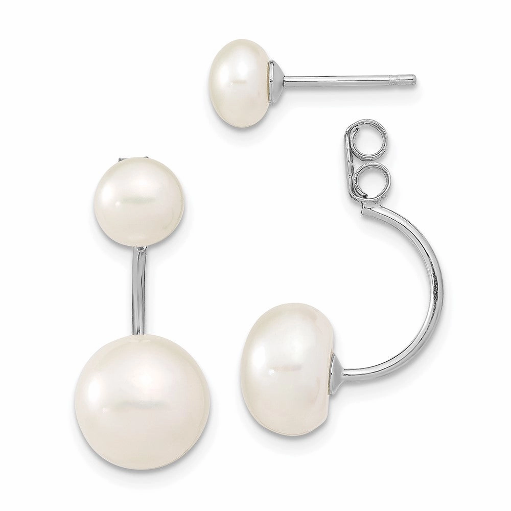 Sterling Silver Rhodium-plated 5-6mm and 8-9mm White Button Freshwater Cultured Pearl Front and Back Post Dangle Earrings