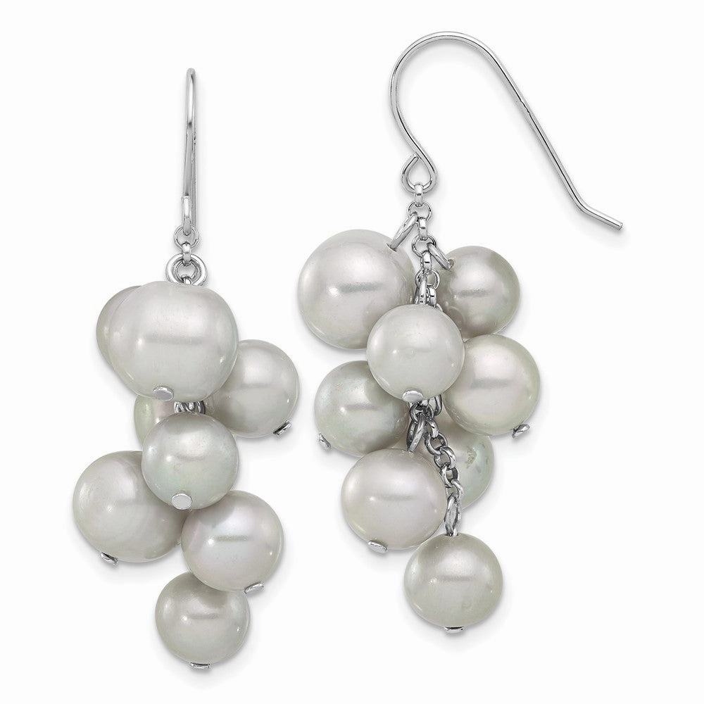Sterling Silver Rhodium-plated 6-10mm Grey Near-Round Freshwater Cultured Pearl Dangle Earrings