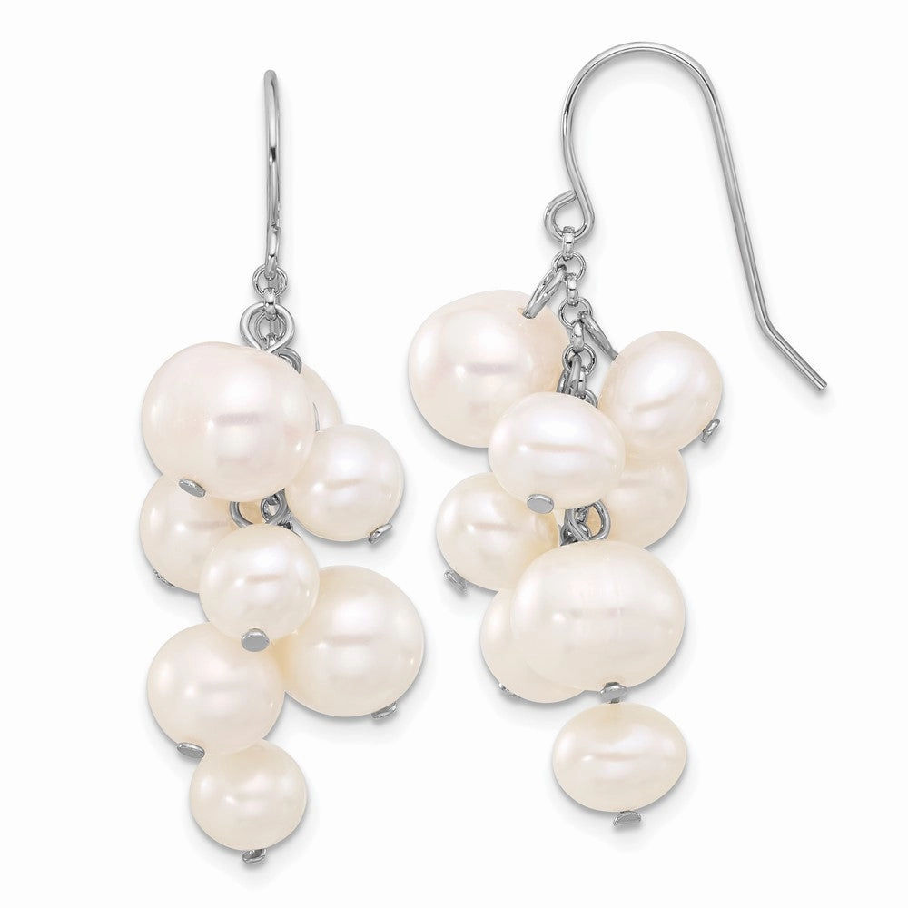 Sterling Silver Rhodium-plated 6-10mm White Near-Round Freshwater Cultured Pearl Dangle Earrings