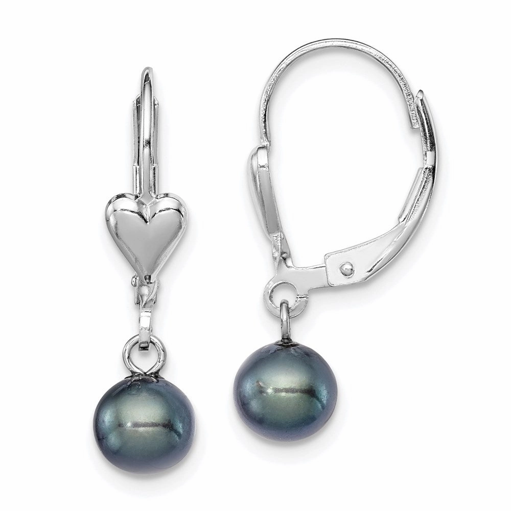 Sterling Silver Rhodium-plated 6-7mm Black Round Freshwater Cultured Pearl Heart Leverback Dangle Earrings