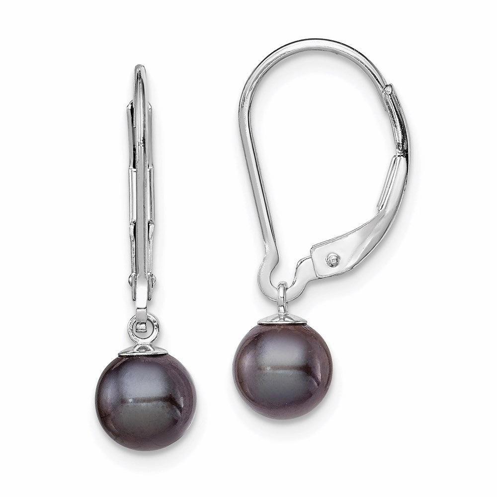 Sterling Silver Rhodium-plated 6-7mm Black Round Freshwater Cultured Pearl Leverback Dangle Earrings