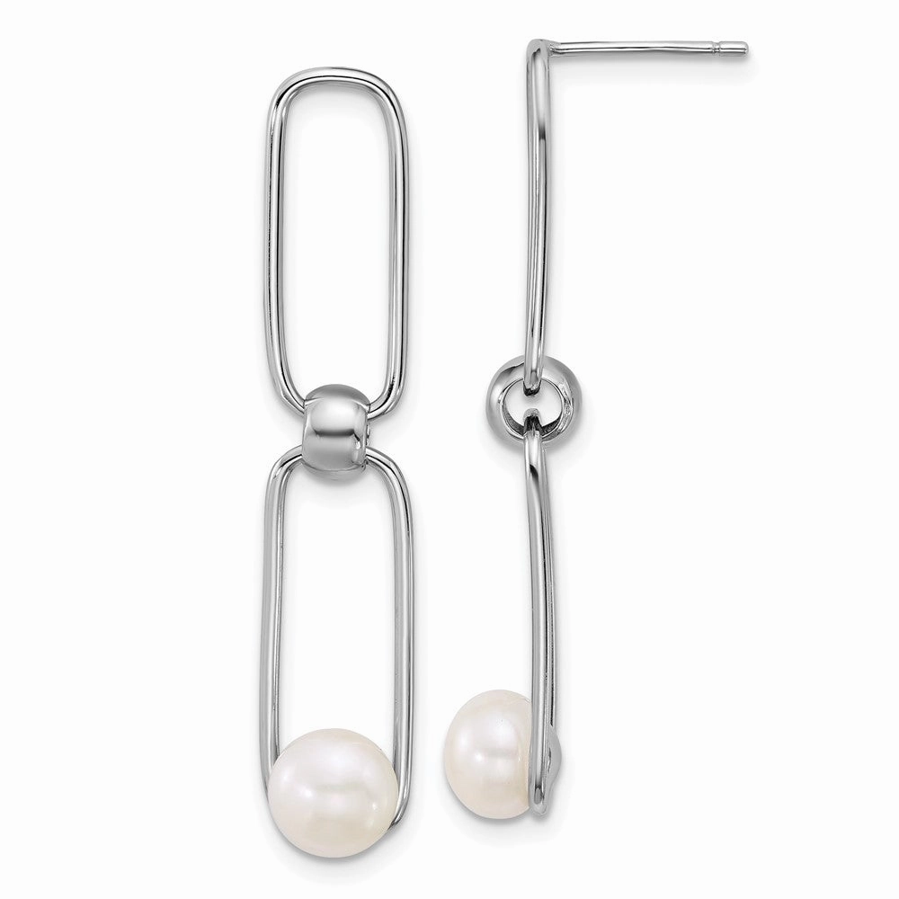 Sterling Silver Rhodium-plated 6-7mm Button White Freshwater Cultured Pearl and Long Link Dangle Post Earrings