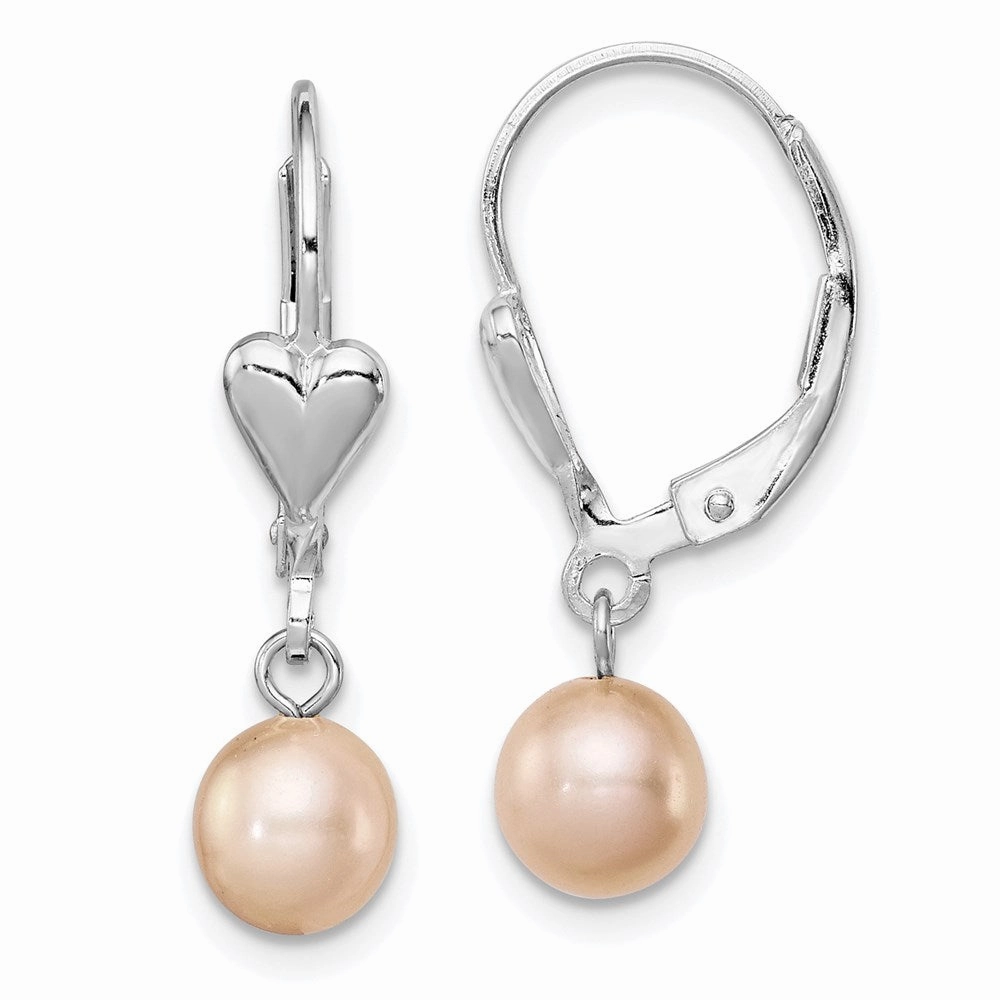 Sterling Silver Rhodium-plated 6-7mm Pink Round Freshwater Cultured Pearl Heart Leverback Dangle Earrings