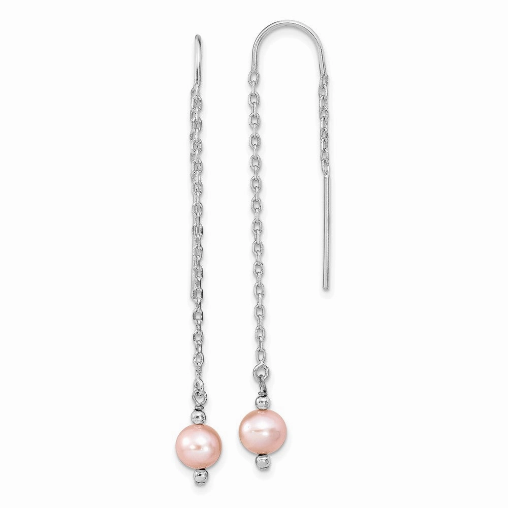 Sterling Silver Rhodium-plated 6-7mm Pink Semi-Round Freshwater Cultured Pearl Threader Earrings