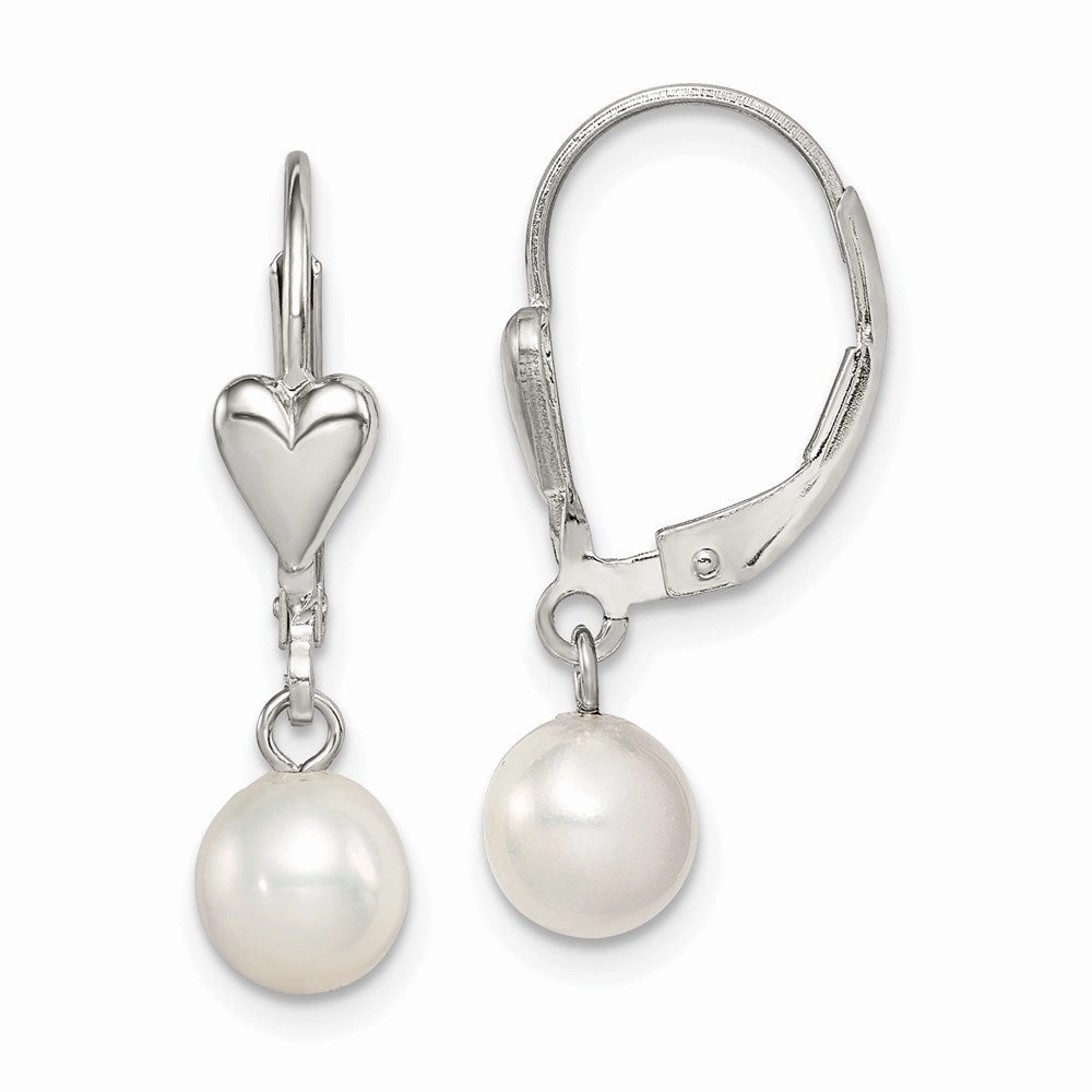 Sterling Silver Rhodium-plated 6-7mm White Round Freshwater Cultured Pearl Heart Leverback Dangle Earrings